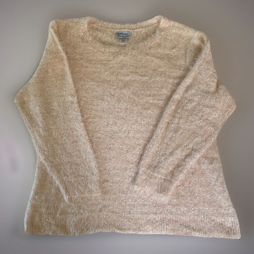 Anthony Richards Sweater Fuzzy Knit Iridescent Sequin Sparkle Soft Pink Size 3X